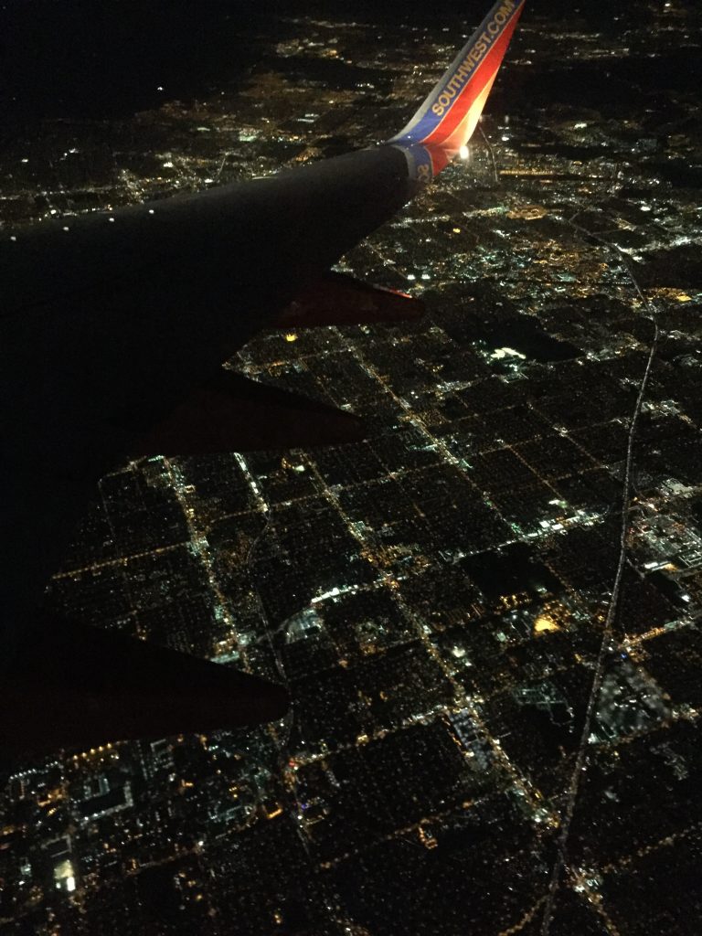 overhead view of a city at night