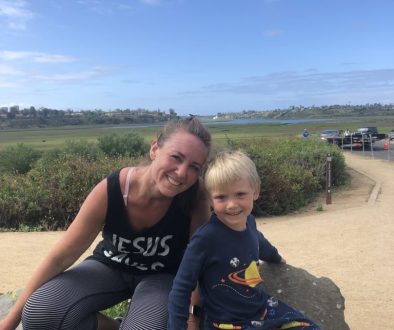 Mom and son on running trail