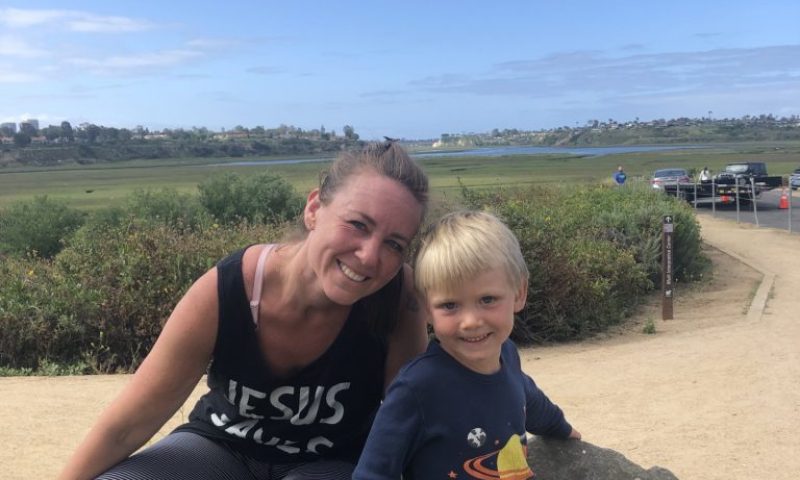 Mom and son on running trail